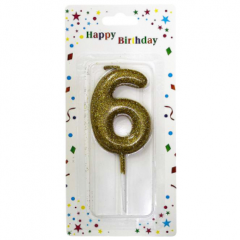 Купить Свеча-цифра в торт «6» золотая с глиттером 6 см оптом